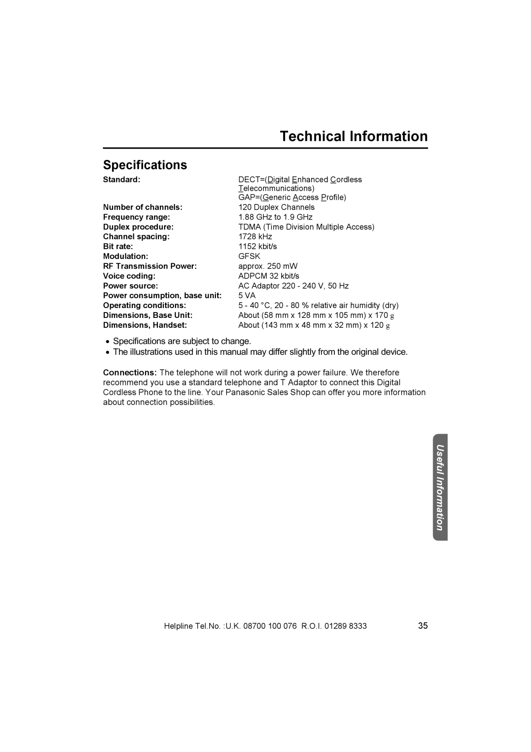 Panasonic KX-TCD410E operating instructions Technical Information, Specifications 