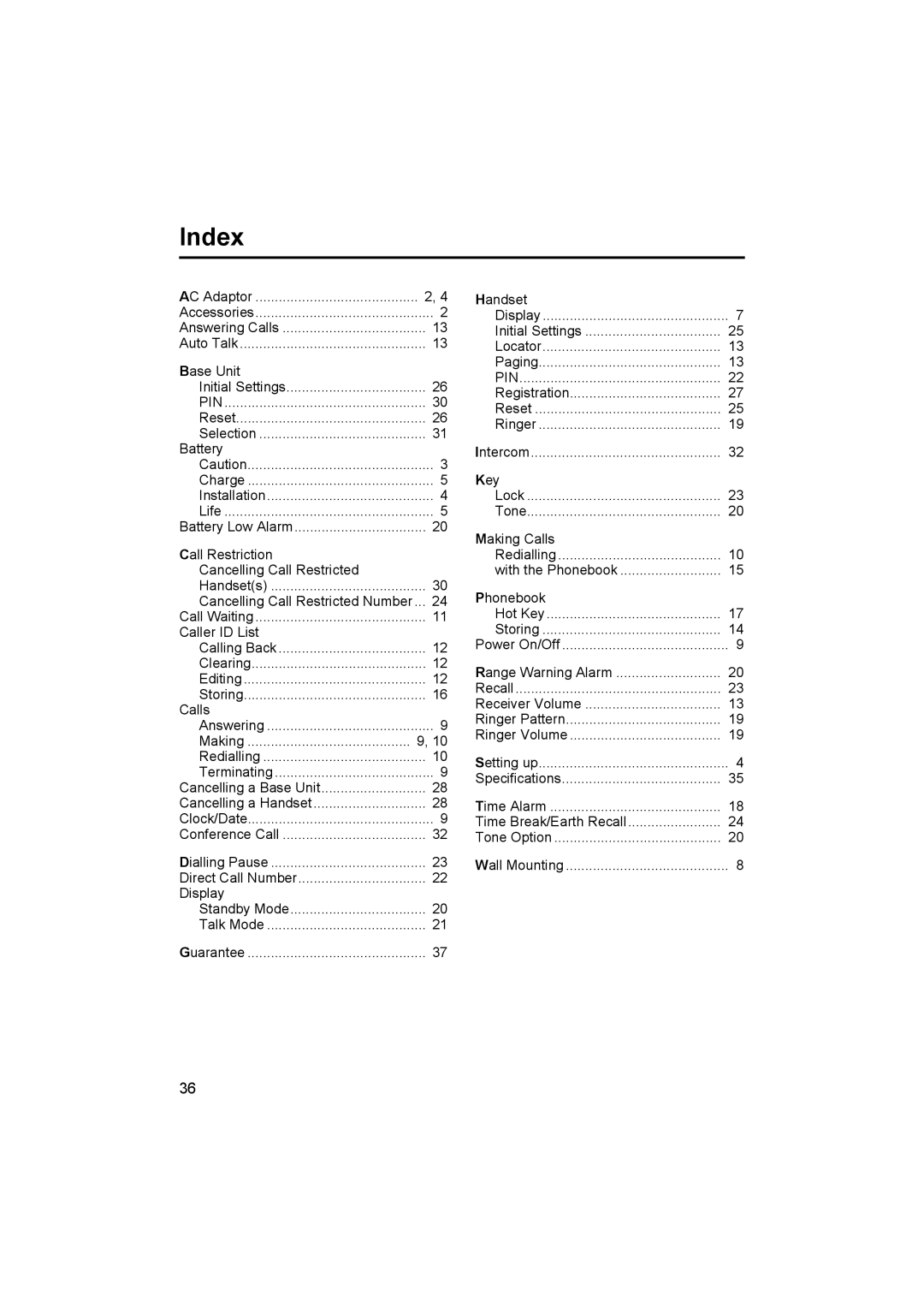 Panasonic KX-TCD410E operating instructions Index, Pin 