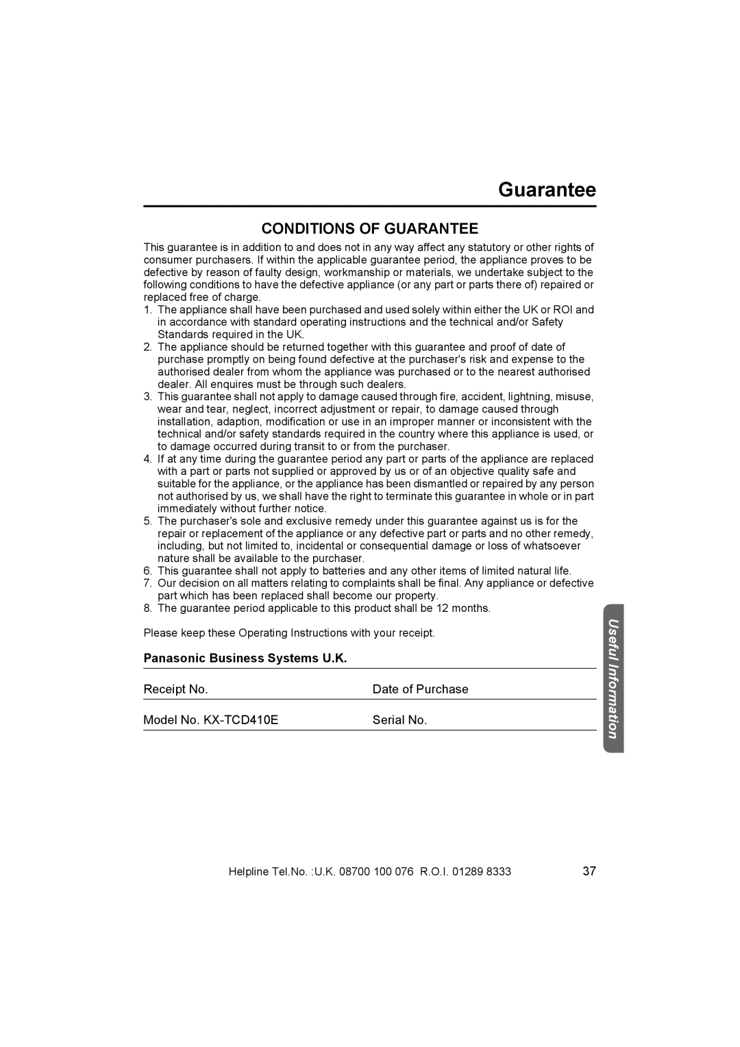 Panasonic KX-TCD410E operating instructions Guarantee, Panasonic Business Systems U.K 