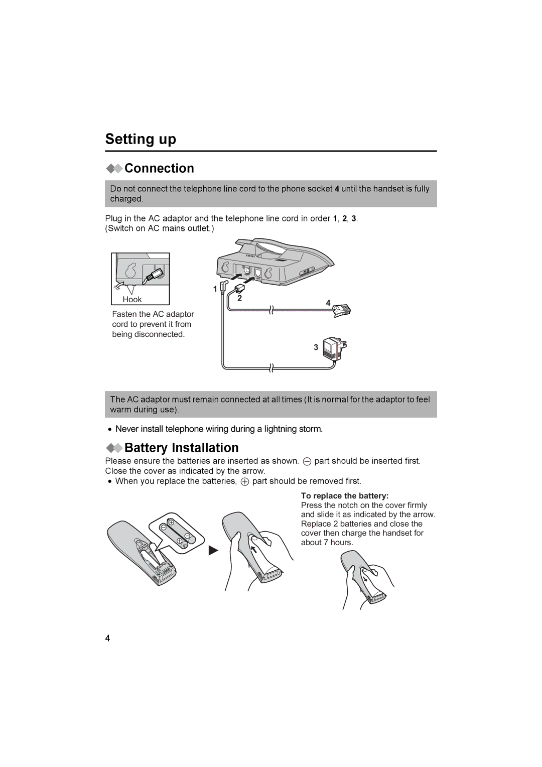 Panasonic KX-TCD410E operating instructions Setting up, Connection, Battery Installation 