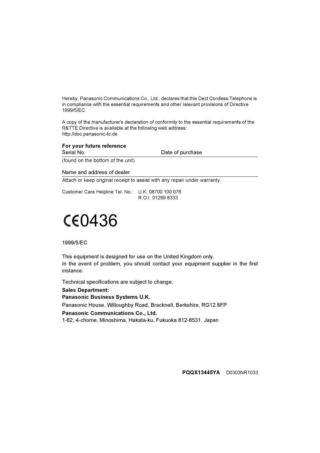 Panasonic KX-TCD410E For your future reference, Sales Department Panasonic Business Systems U.K, PQQX13445YA D0303NR1033 