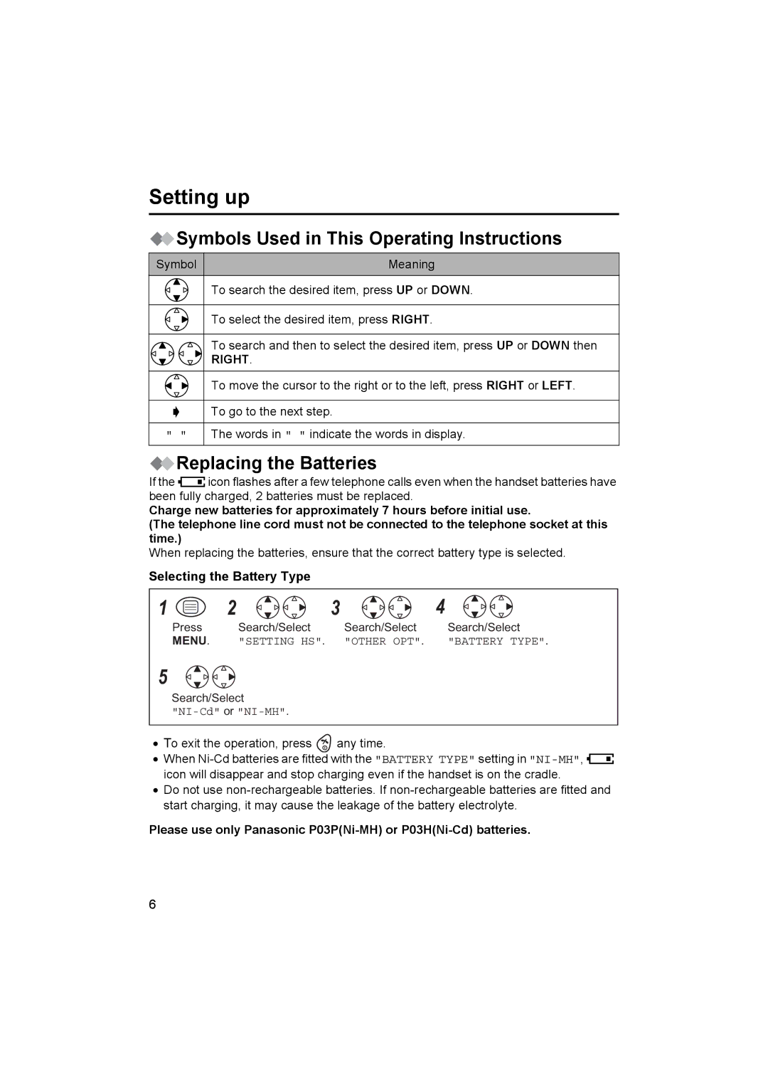 Panasonic KX-TCD410E Symbols Used in This Operating Instructions, Replacing the Batteries, Selecting the Battery Type 