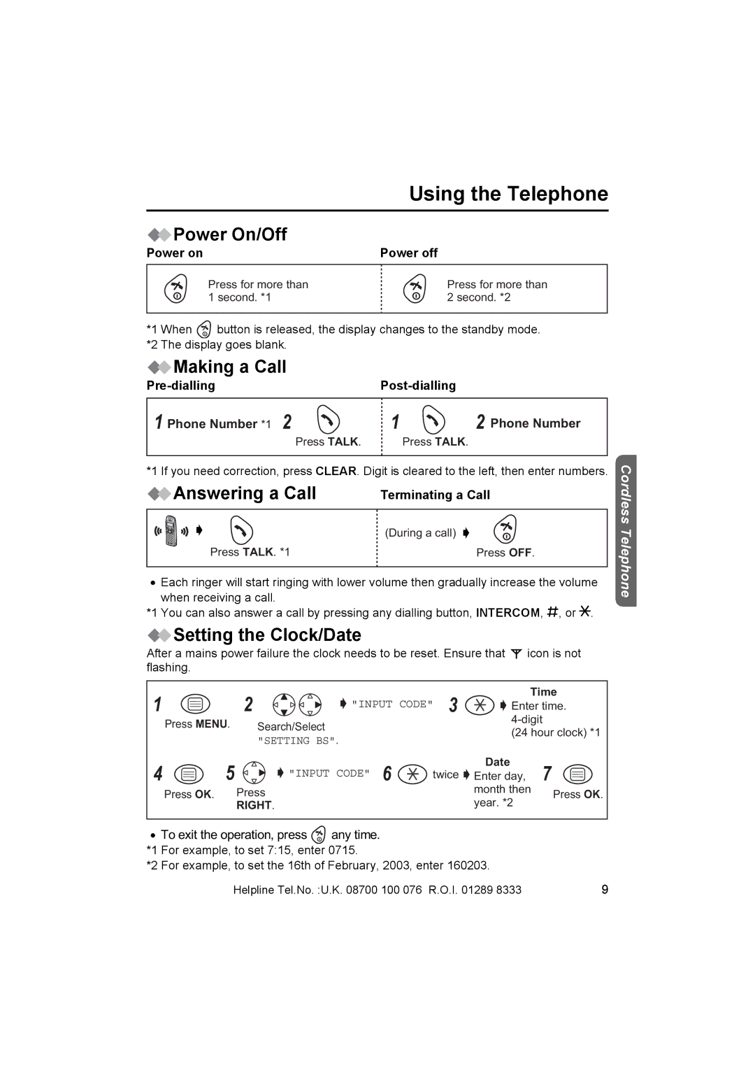 Panasonic KX-TCD410E Using the Telephone, Power On/Off, Making a Call, Answering a Call, Setting the Clock/Date 