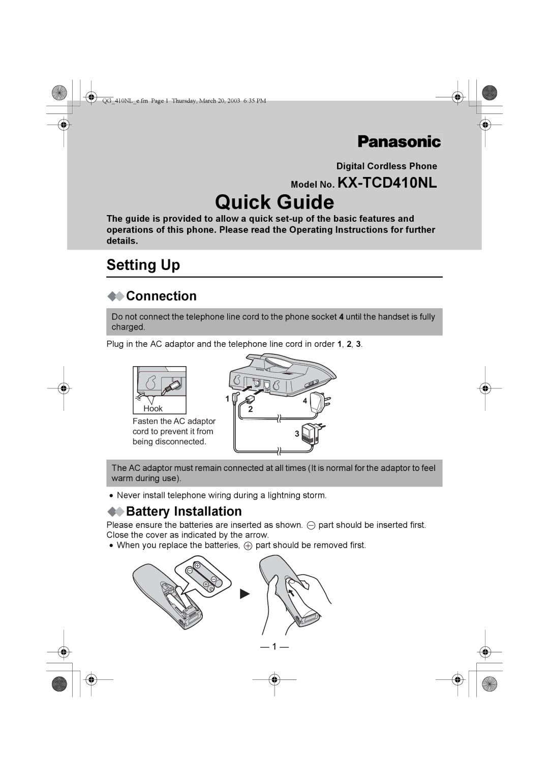 Panasonic operating instructions Model No. KX-TCD410NL, Setting Up, Connection, Battery Installation 