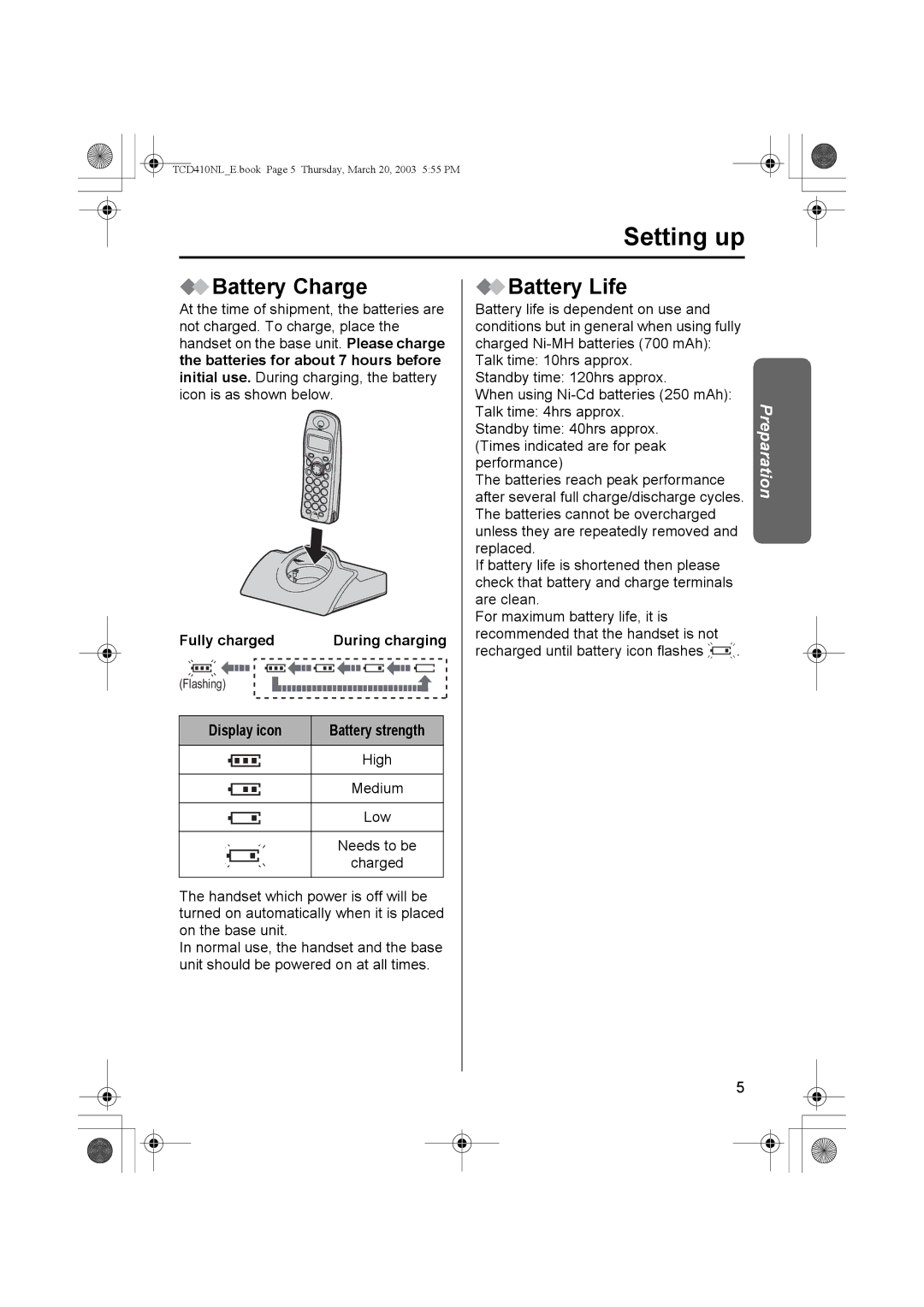 Panasonic KX-TCD410NL operating instructions Battery Charge, Battery Life, Fully charged, Display icon 