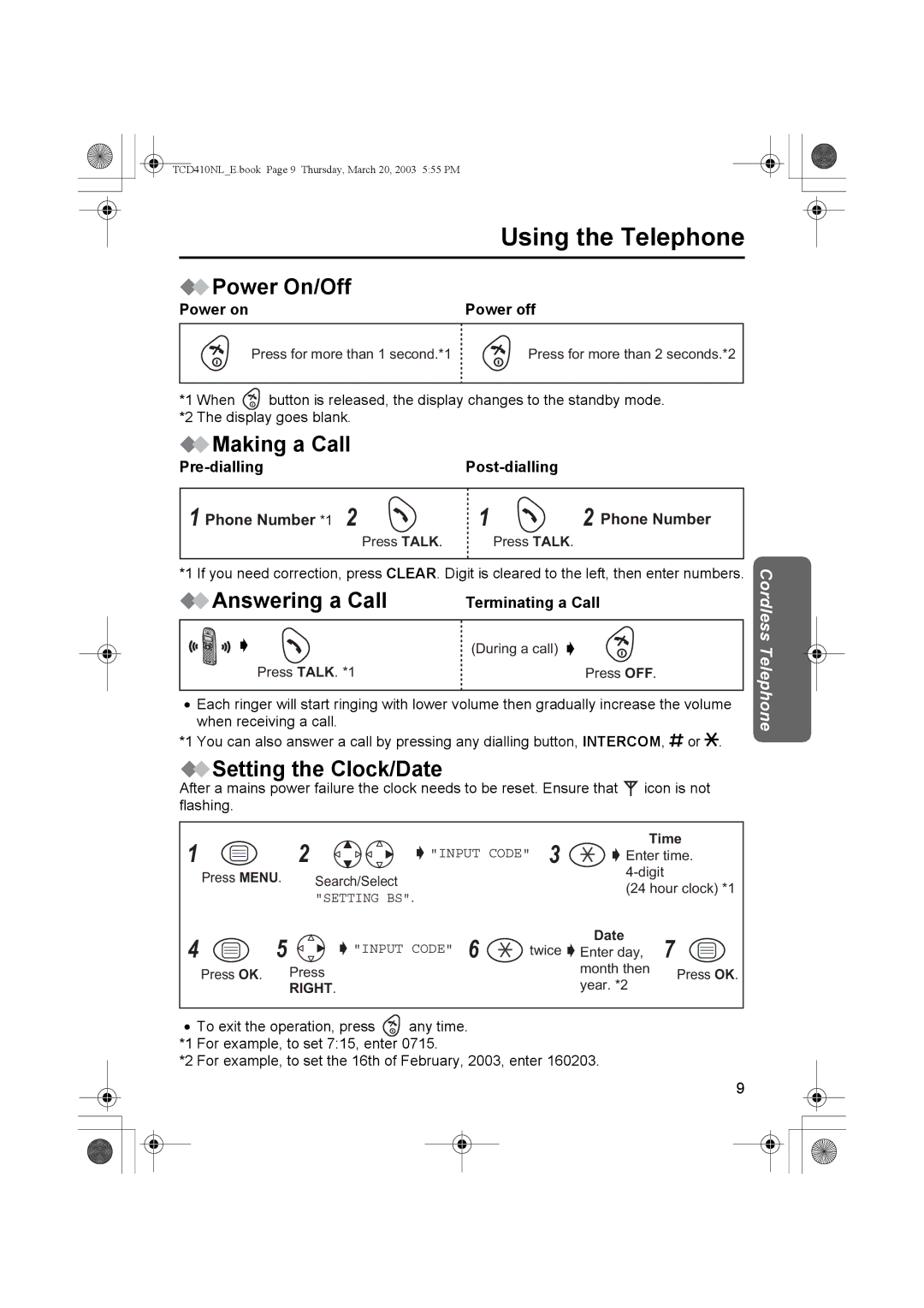 Panasonic KX-TCD410NL Using the Telephone, Power On/Off, Making a Call, Answering a Call, Setting the Clock/Date 