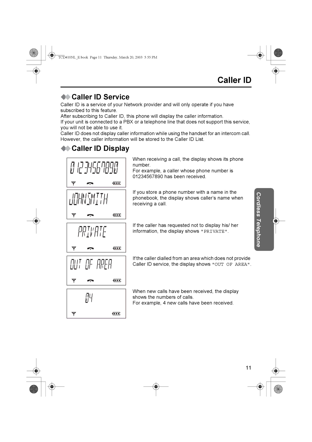 Panasonic KX-TCD410NL operating instructions Caller ID Service, Caller ID Display 