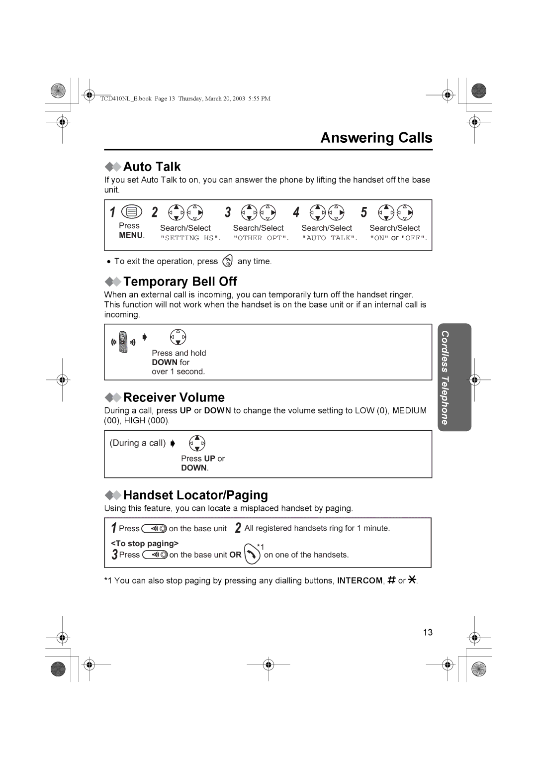 Panasonic KX-TCD410NL Answering Calls, Auto Talk, Temporary Bell Off, Receiver Volume, Handset Locator/Paging 