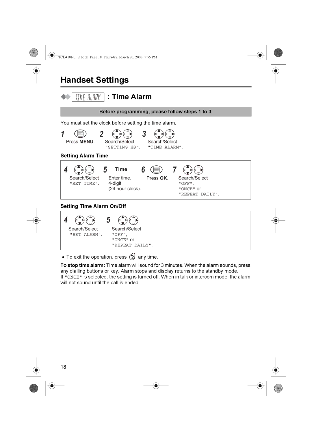 Panasonic KX-TCD410NL operating instructions Handset Settings, Time Alarm, Before programming, please follow steps 1 to 