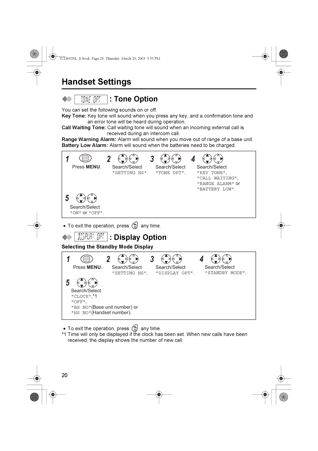 Panasonic KX-TCD410NL operating instructions Tone Option, Display Option, Selecting the Standby Mode Display 