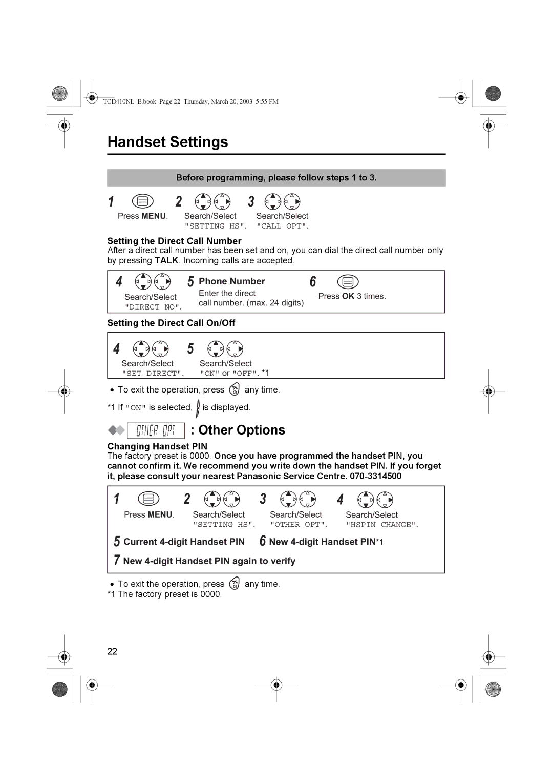 Panasonic KX-TCD410NL operating instructions Other Options, Setting the Direct Call Number, Setting the Direct Call On/Off 