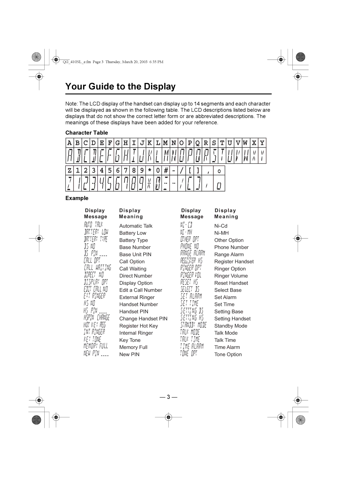 Panasonic KX-TCD410NL operating instructions Your Guide to the Display, Character Table, Example 