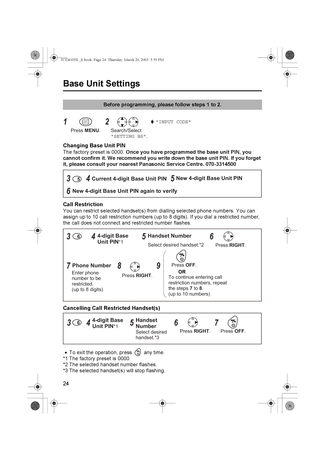 Panasonic KX-TCD410NL operating instructions Base Unit Settings, Digit Base Handset Number Unit PIN*1 