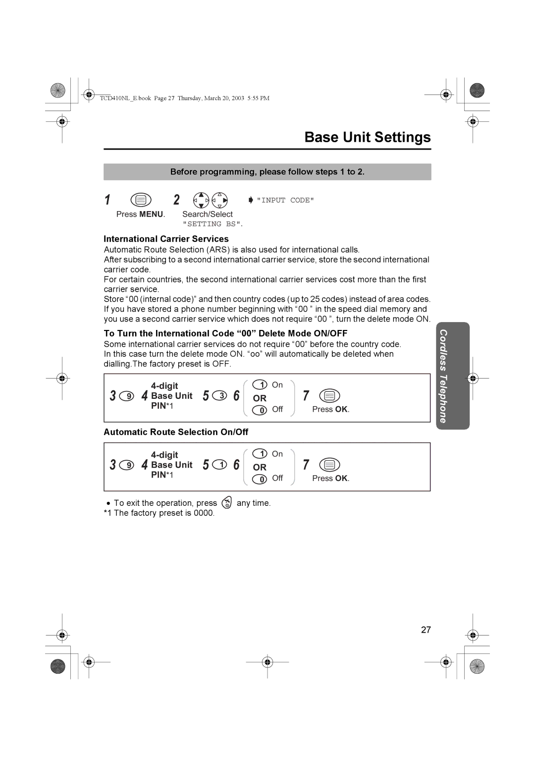 Panasonic KX-TCD410NL International Carrier Services, To Turn the International Code 00 Delete Mode ON/OFF 