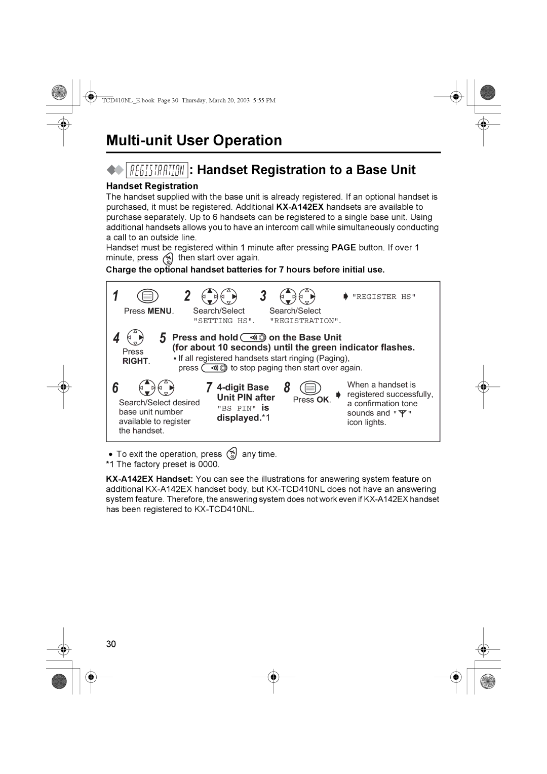 Panasonic KX-TCD410NL operating instructions Multi-unit User Operation, Handset Registration to a Base Unit 