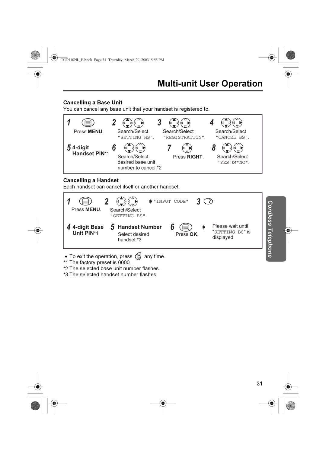 Panasonic KX-TCD410NL operating instructions Cancelling a Base Unit, Digit Handset PIN *1, Cancelling a Handset 