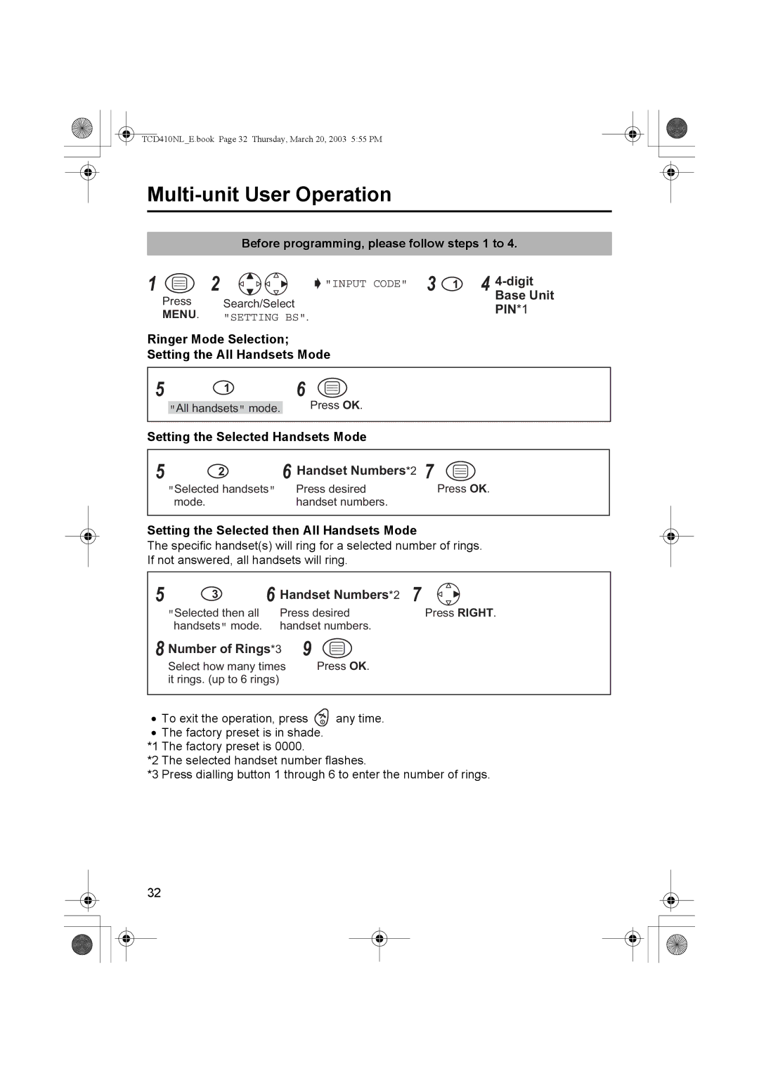 Panasonic KX-TCD410NL Ringer Mode Selection Setting the All Handsets Mode, Setting the Selected then All Handsets Mode 