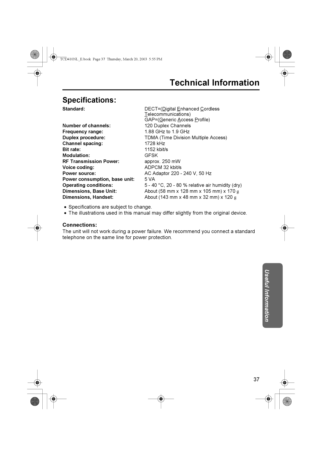 Panasonic KX-TCD410NL operating instructions Technical Information, Specifications, Connections 