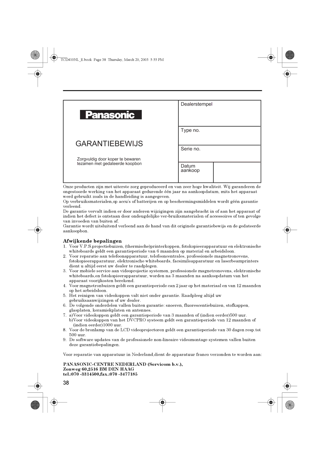 Panasonic KX-TCD410NL operating instructions Garantiebewijs 