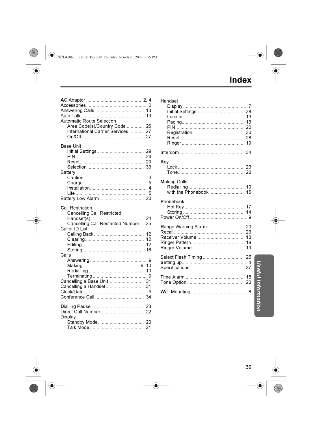 Panasonic KX-TCD410NL operating instructions Index, Pin 