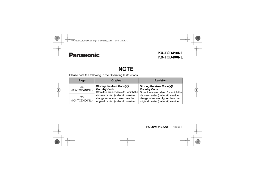 Panasonic KX-TCD410NL operating instructions Original Revision, PQQW13138ZA D0603-0 