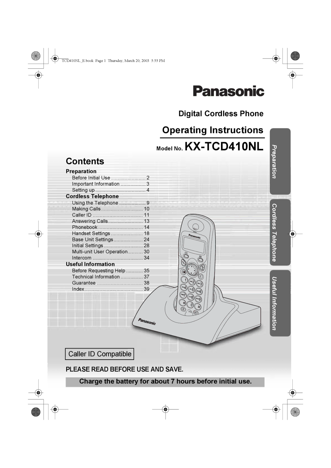 Panasonic operating instructions Model No. KX-TCD410NL, Contents 