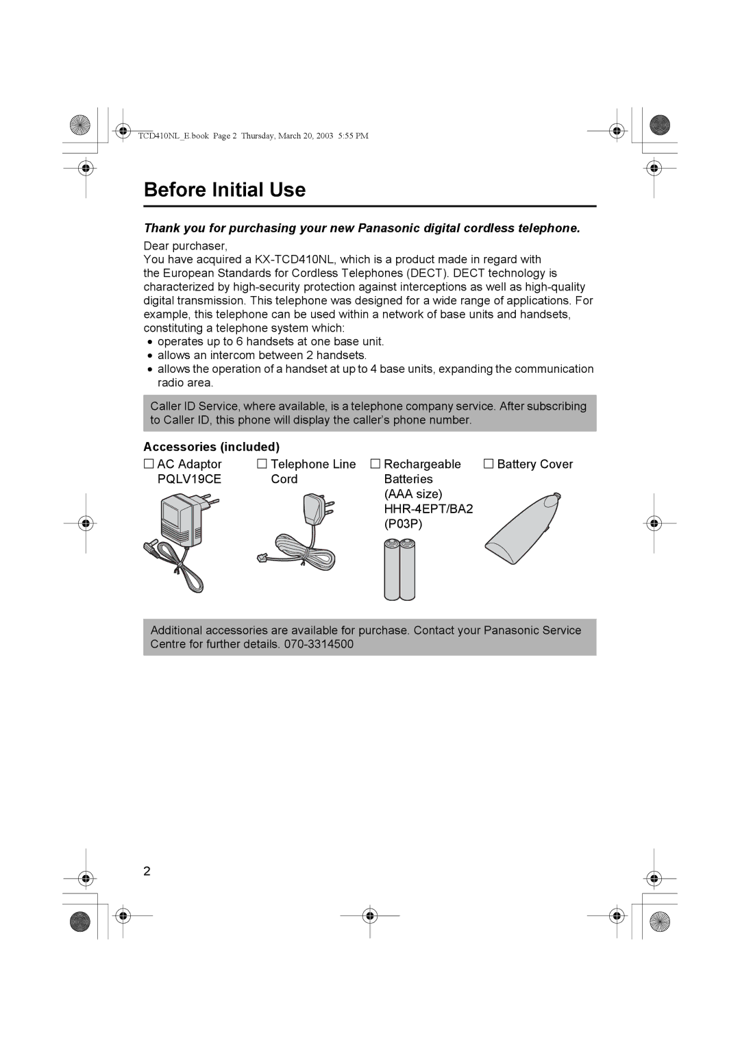 Panasonic KX-TCD410NL operating instructions Before Initial Use, Accessories included 