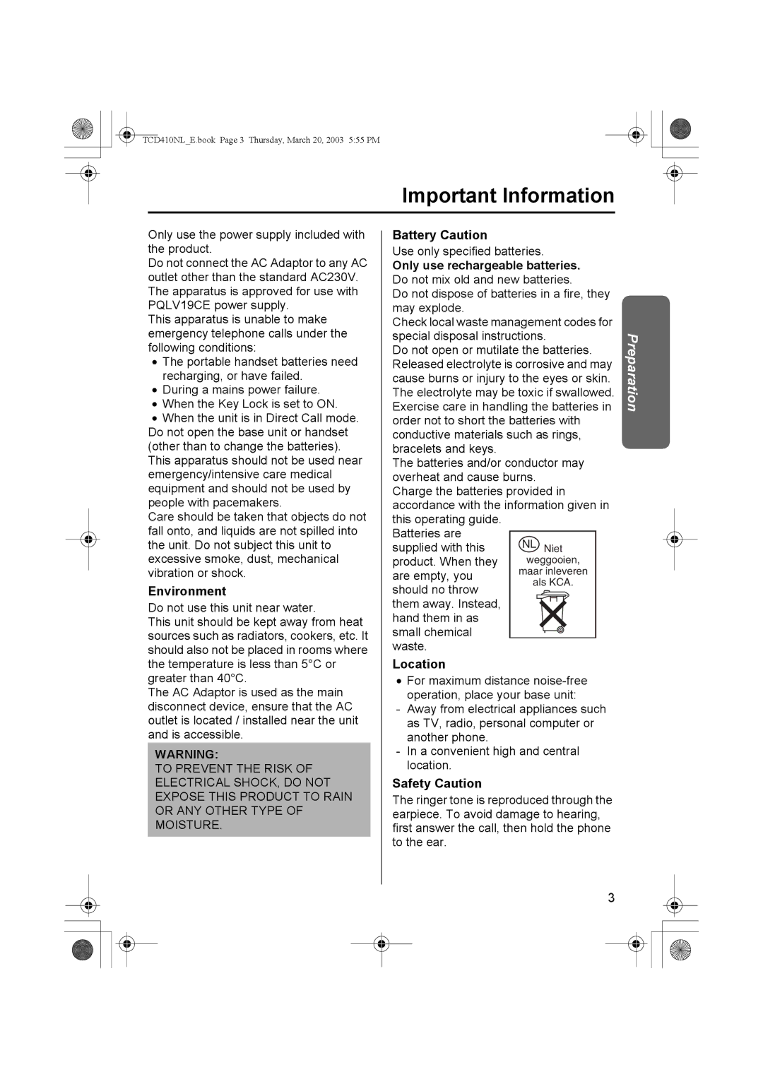 Panasonic KX-TCD410NL operating instructions Important Information 