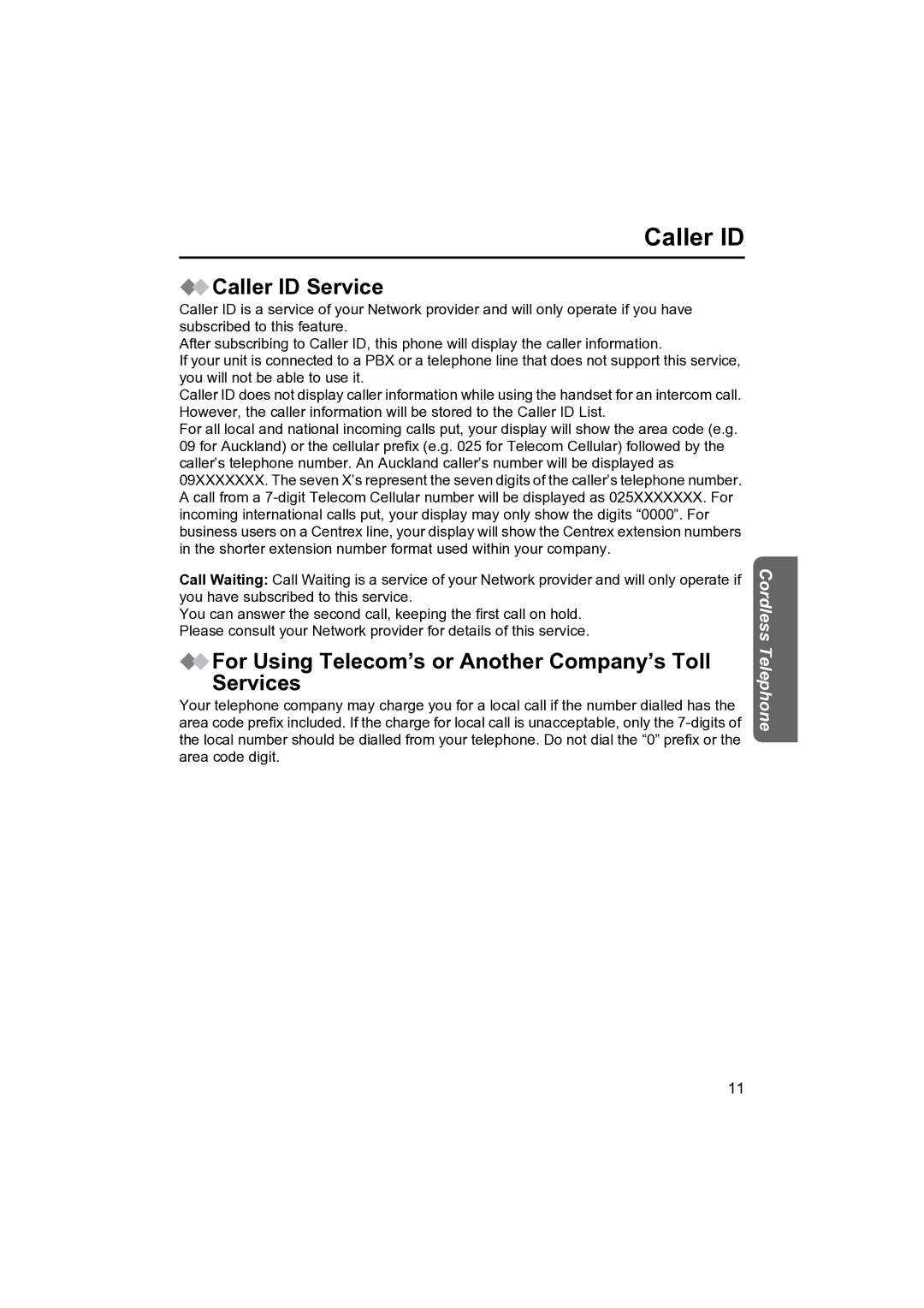 Panasonic KX-TCD410NZ operating instructions Caller ID Service, For Using Telecom’s or Another Company’s Toll Services 