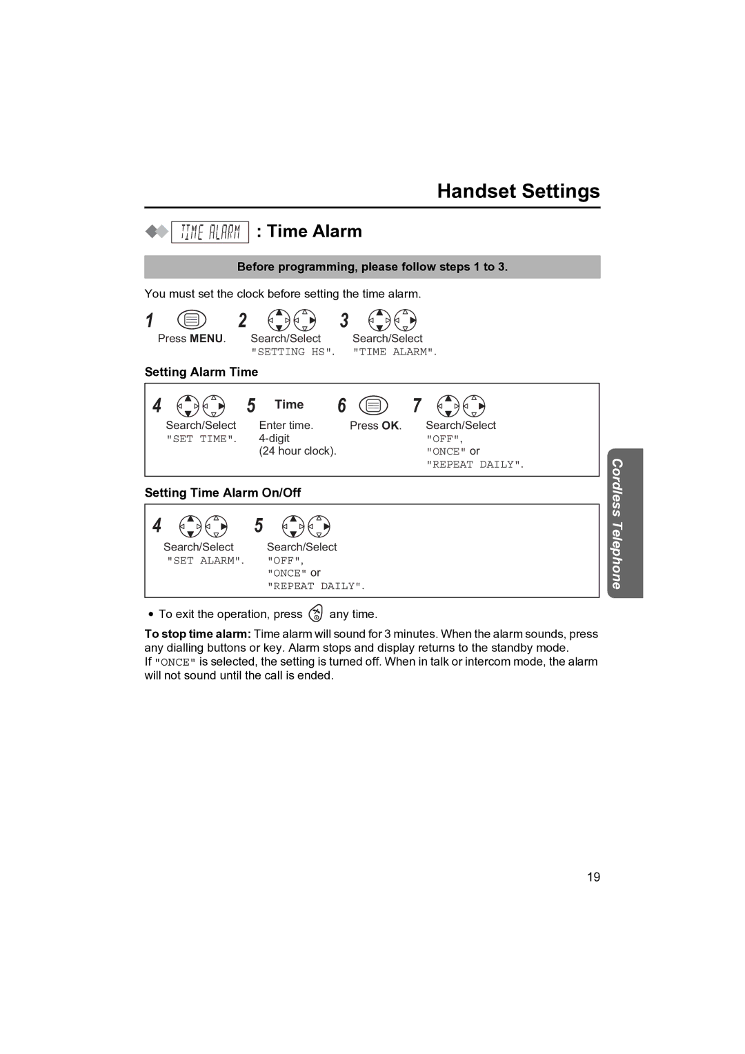 Panasonic KX-TCD410NZ operating instructions Handset Settings, Time Alarm, Before programming, please follow steps 1 to 