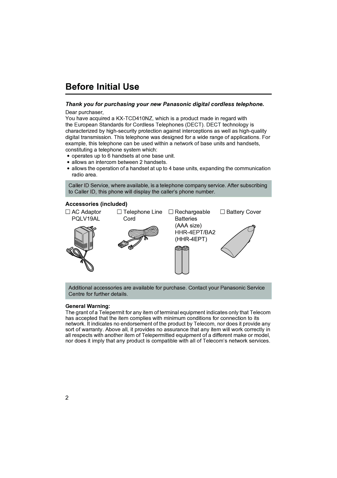 Panasonic KX-TCD410NZ operating instructions Before Initial Use, Accessories included, General Warning 