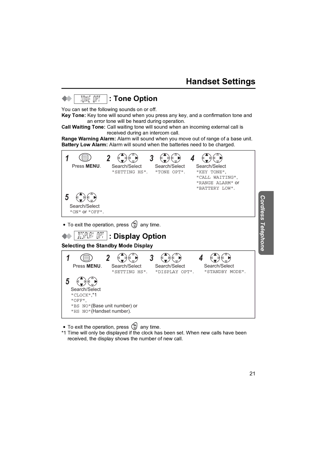 Panasonic KX-TCD410NZ operating instructions Tone Option, Display Option, Selecting the Standby Mode Display 