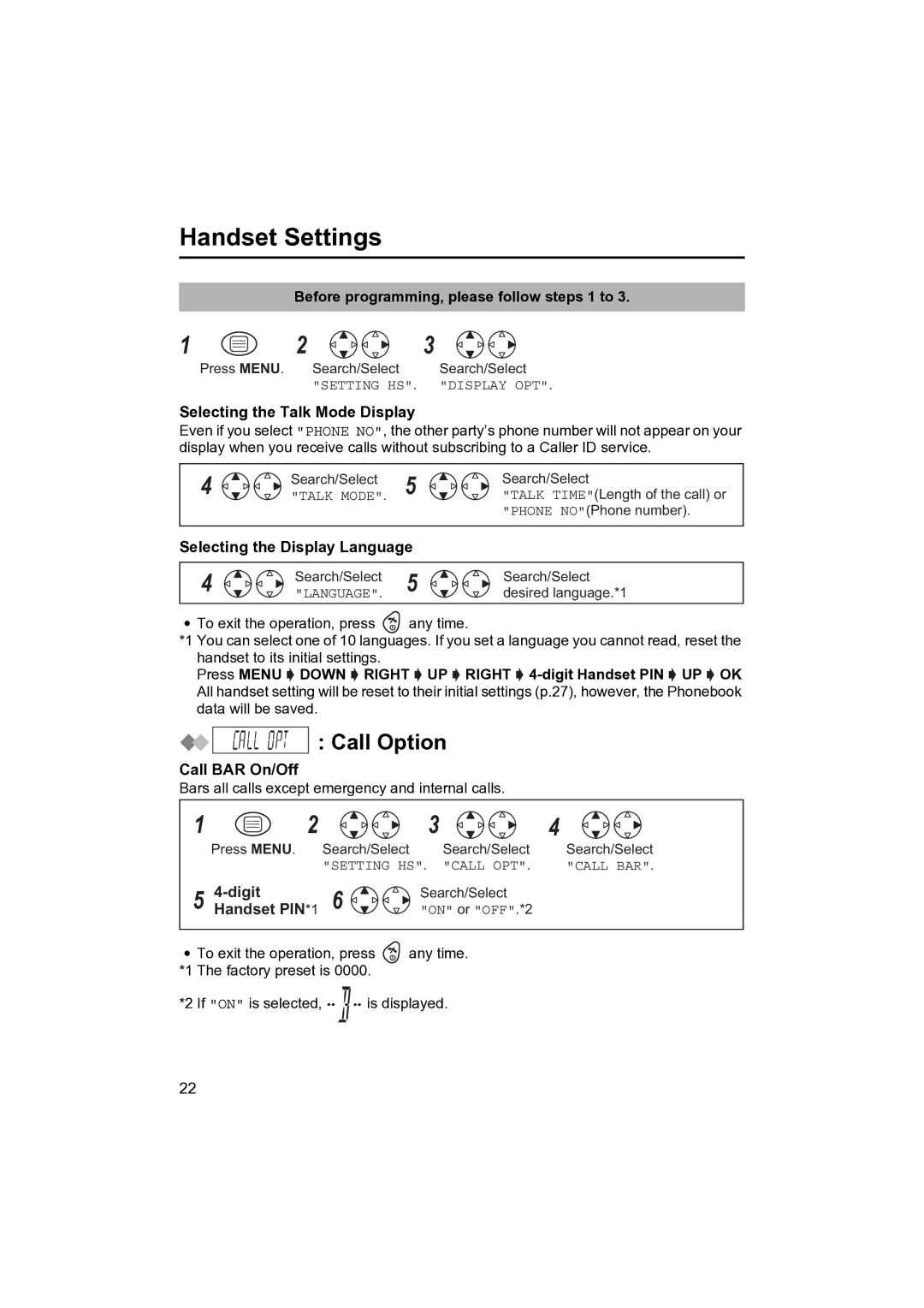 Panasonic KX-TCD410NZ Call Option, Selecting the Talk Mode Display, Call BAR On/Off, Digit, Handset PIN *1 