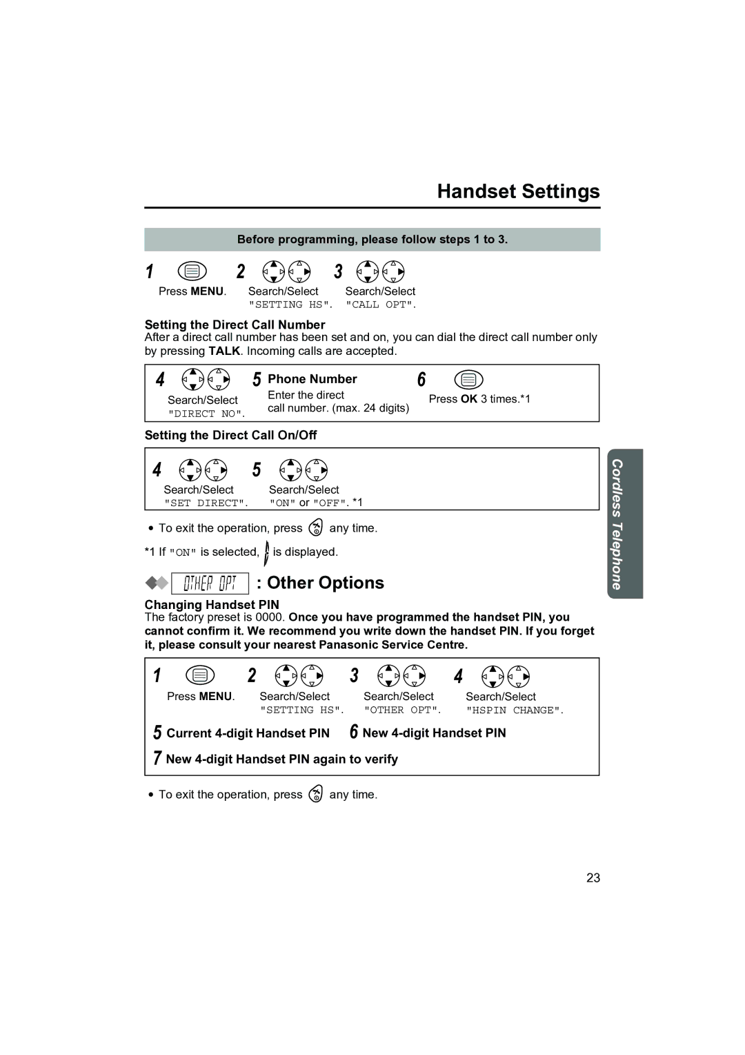 Panasonic KX-TCD410NZ operating instructions Other Options, Setting the Direct Call Number, Setting the Direct Call On/Off 