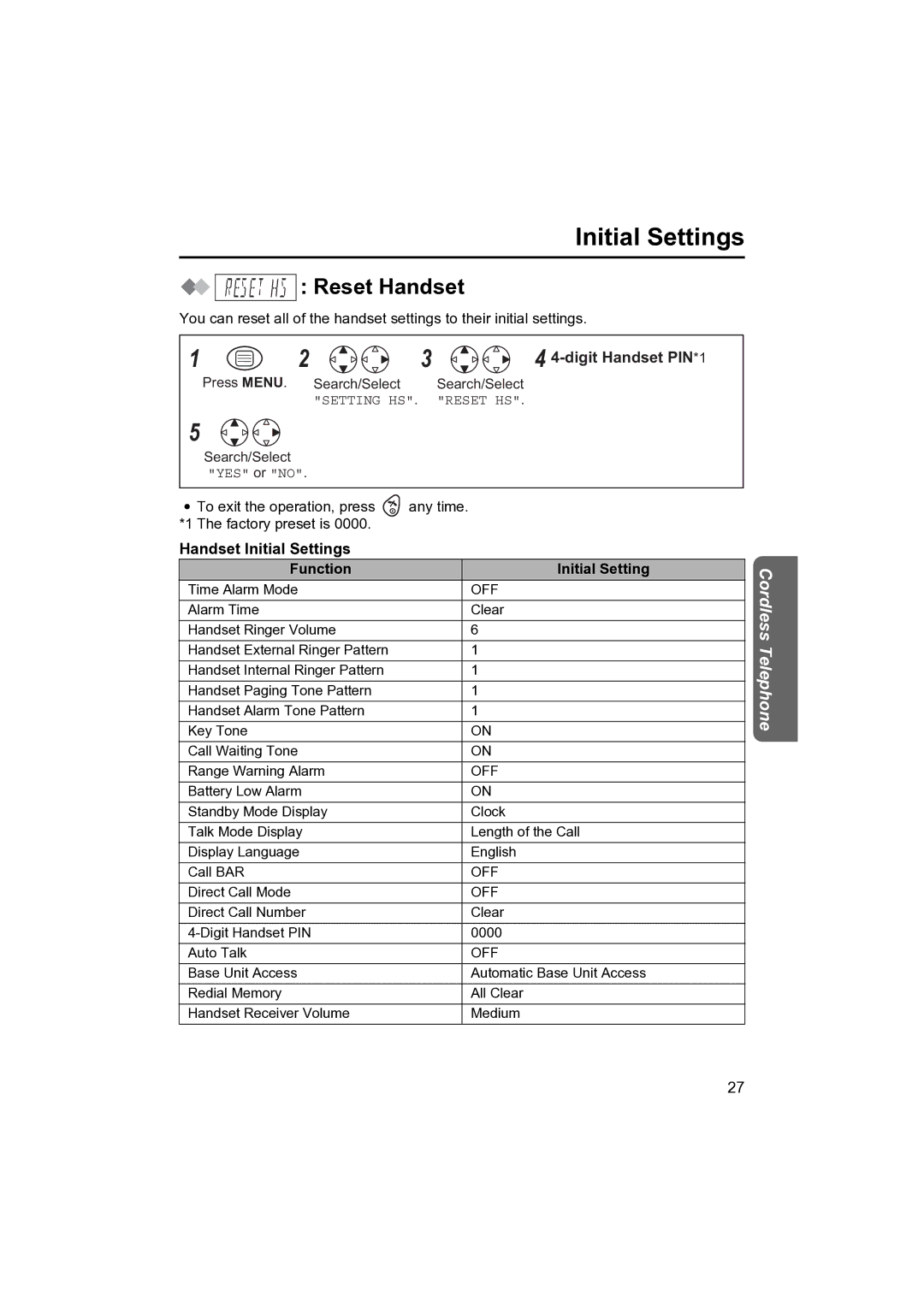 Panasonic KX-TCD410NZ operating instructions Reset Handset, Handset Initial Settings Function 