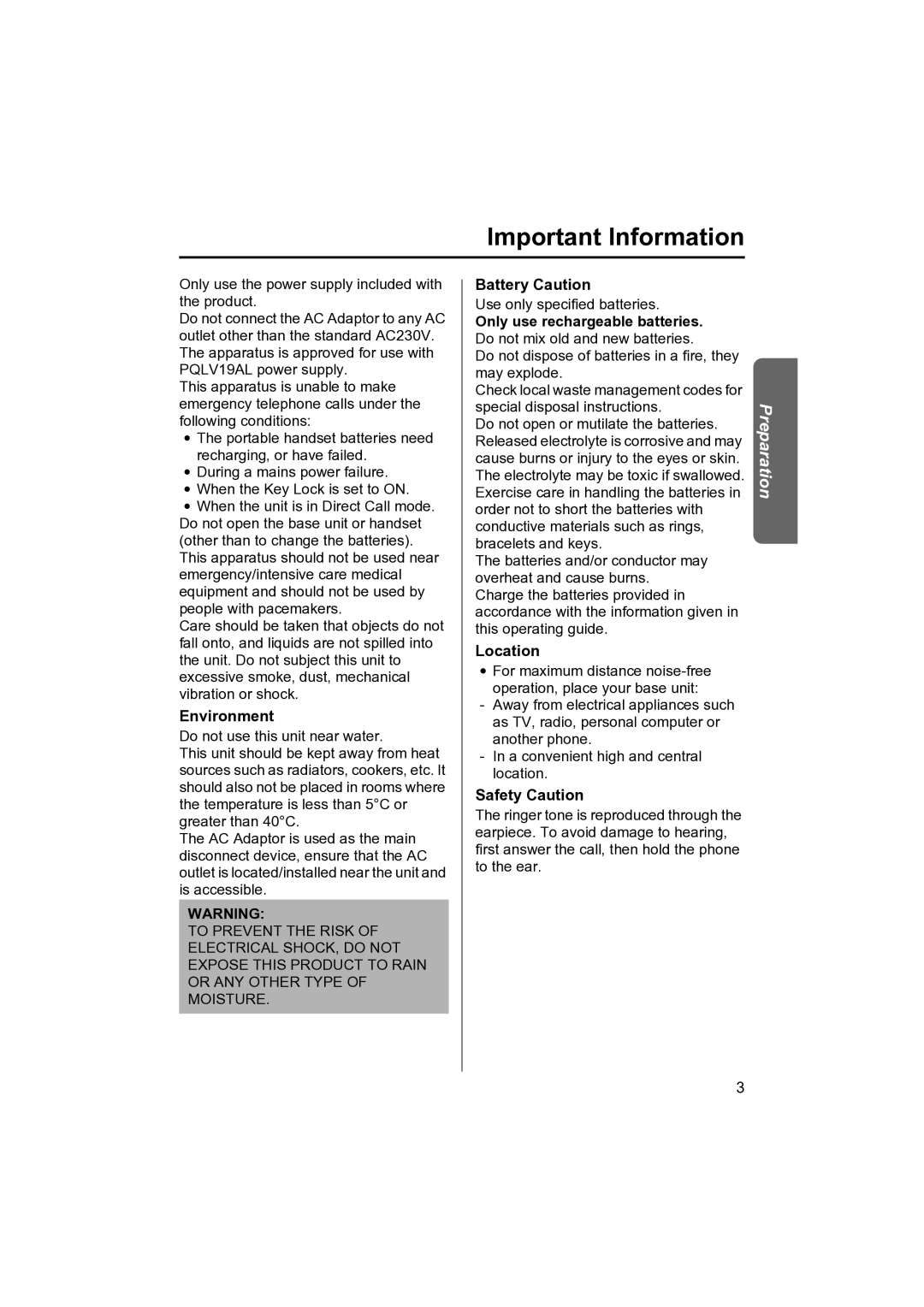 Panasonic KX-TCD410NZ operating instructions Important Information, Environment, Battery Caution, Location, Safety Caution 