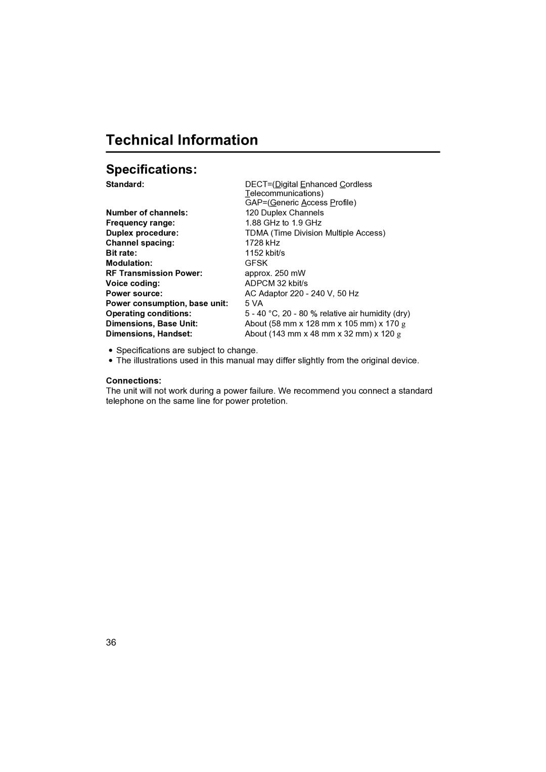 Panasonic KX-TCD410NZ operating instructions Technical Information, Specifications, Connections 