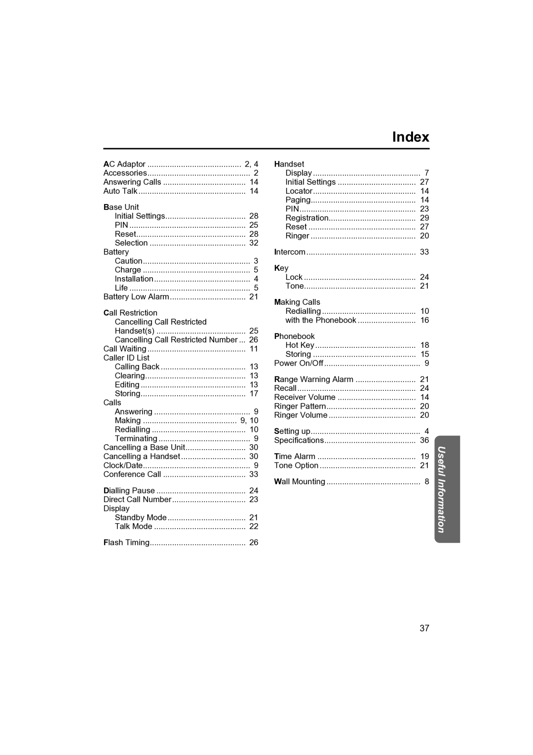 Panasonic KX-TCD410NZ operating instructions Index, Pin 