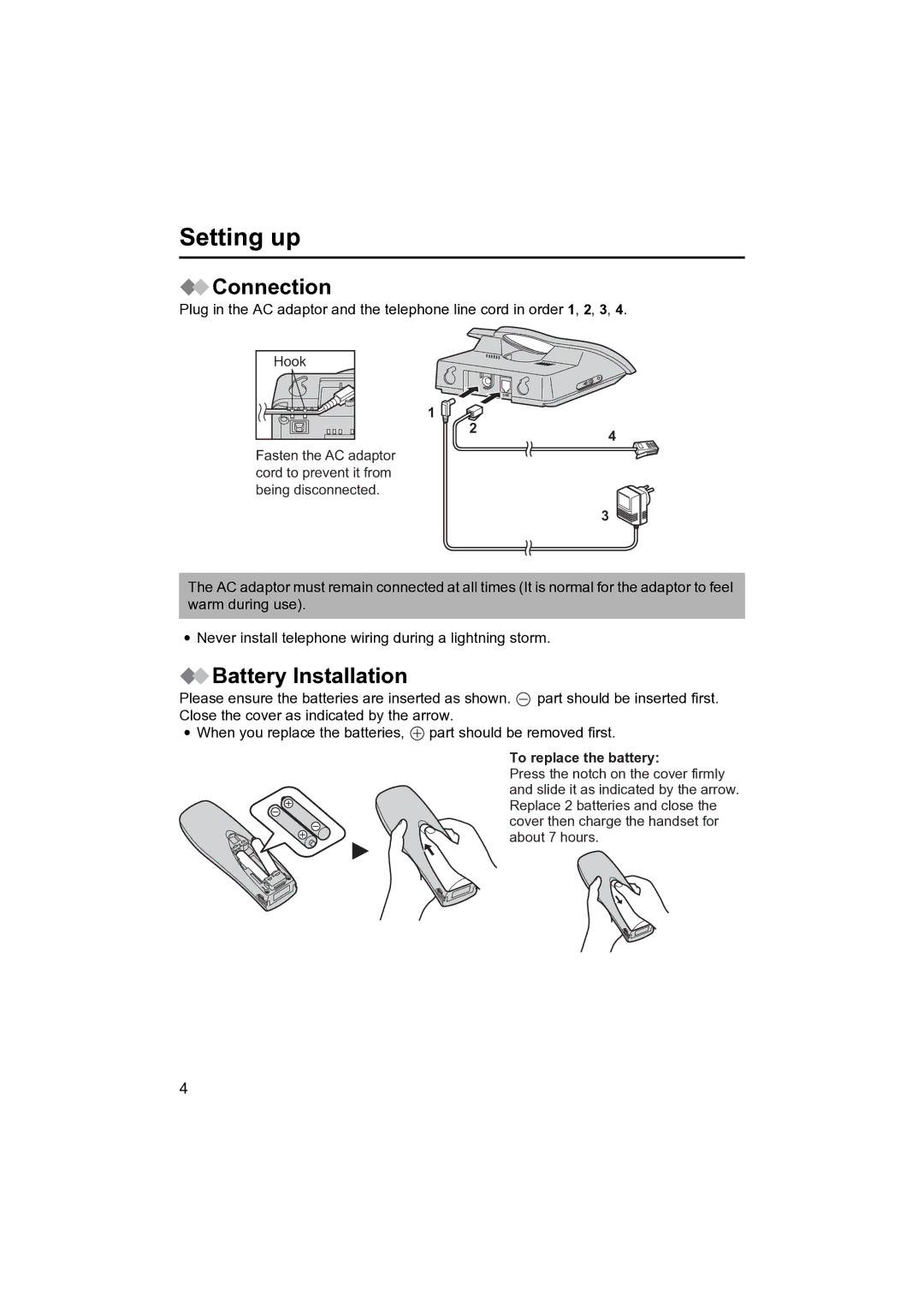 Panasonic KX-TCD410NZ operating instructions Setting up, Connection, Battery Installation 