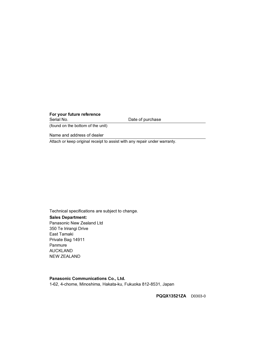 Panasonic KX-TCD410NZ operating instructions For your future reference, PQQX13521ZA D0303-0 