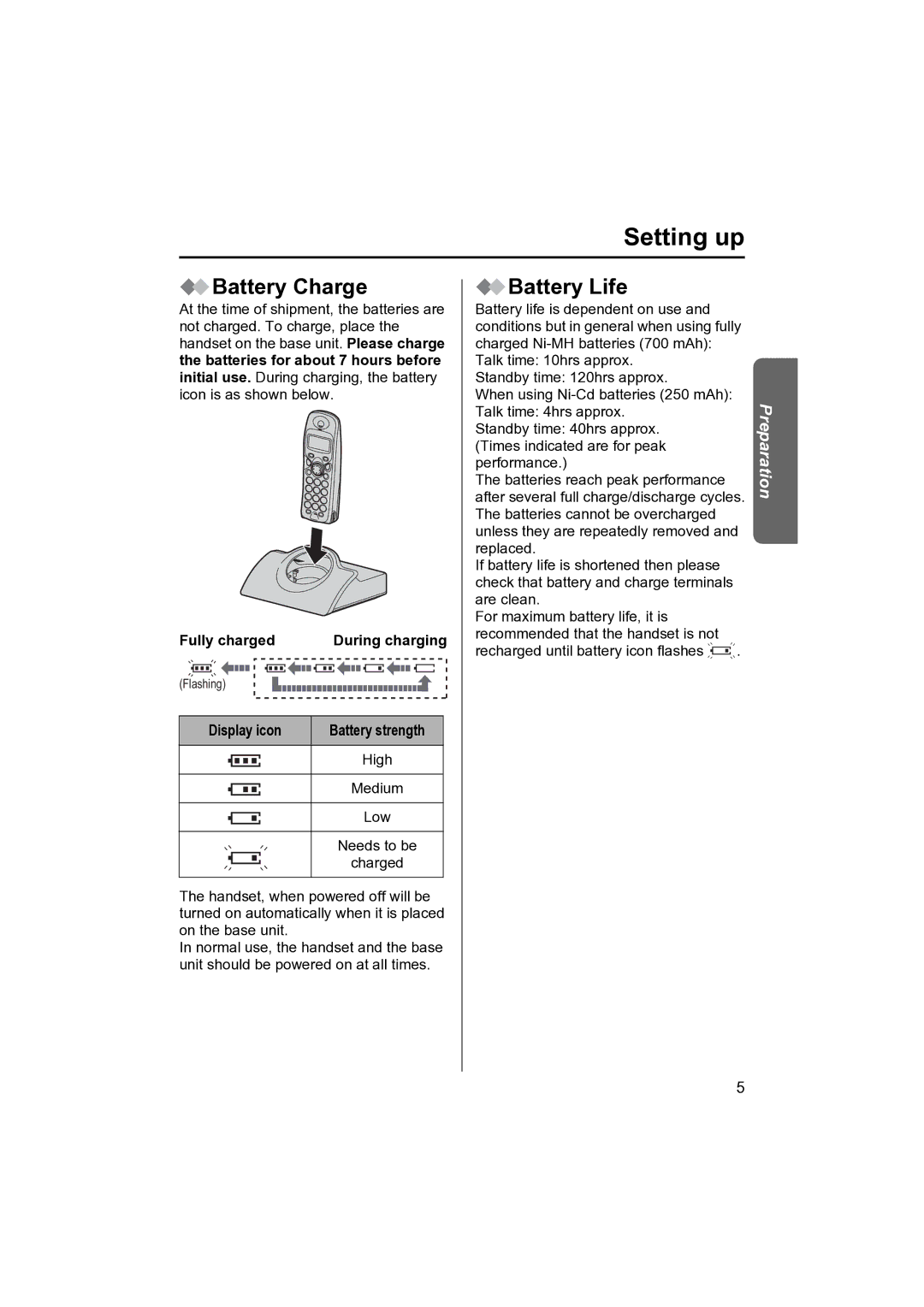 Panasonic KX-TCD410NZ operating instructions Battery Charge, Battery Life, Fully charged, Display icon 