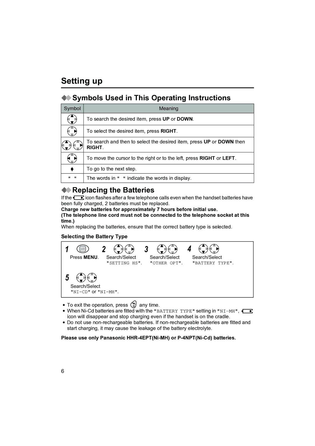 Panasonic KX-TCD410NZ Symbols Used in This Operating Instructions, Replacing the Batteries, Selecting the Battery Type 