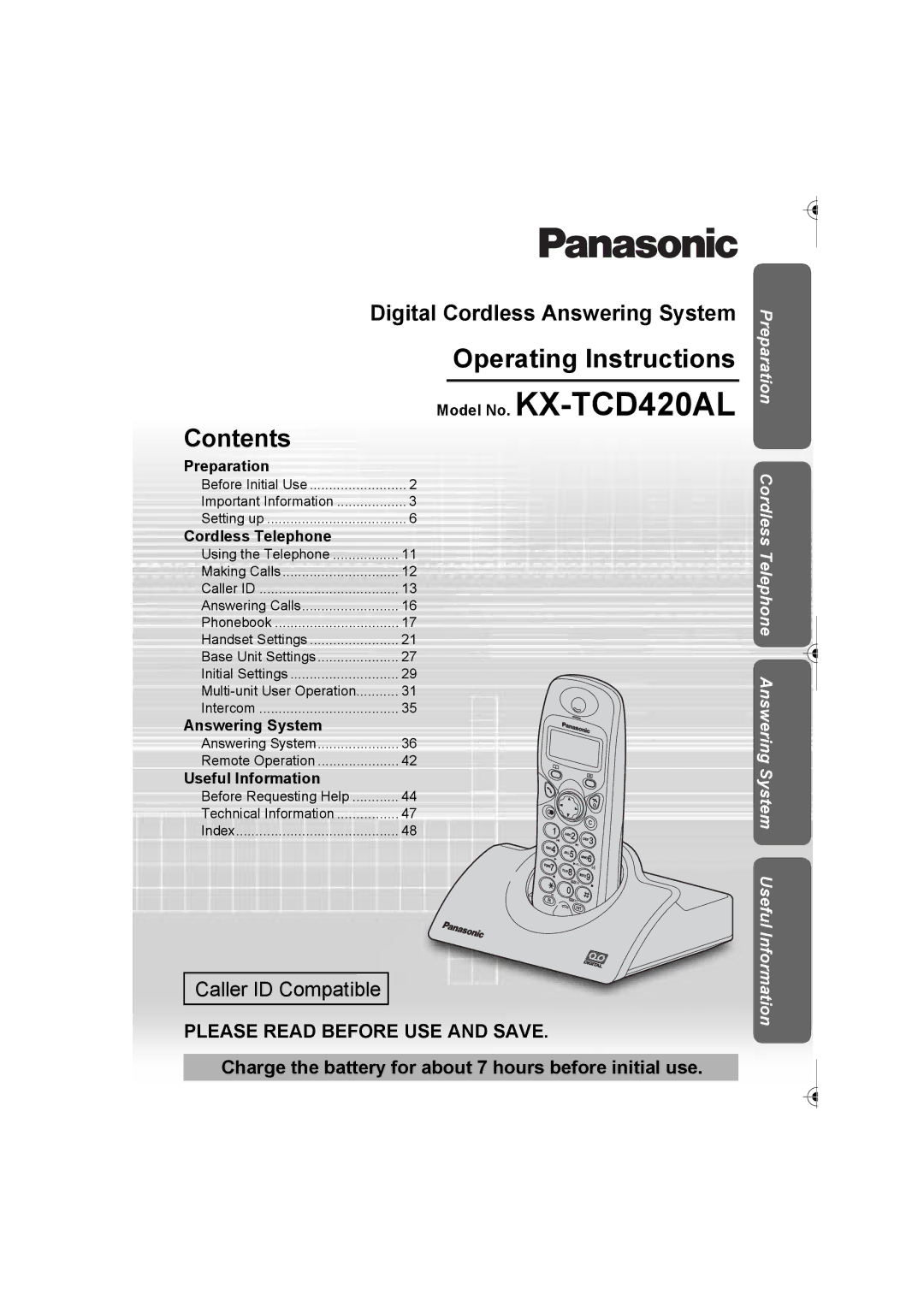 Panasonic operating instructions Model No. KX-TCD420AL, Contents 