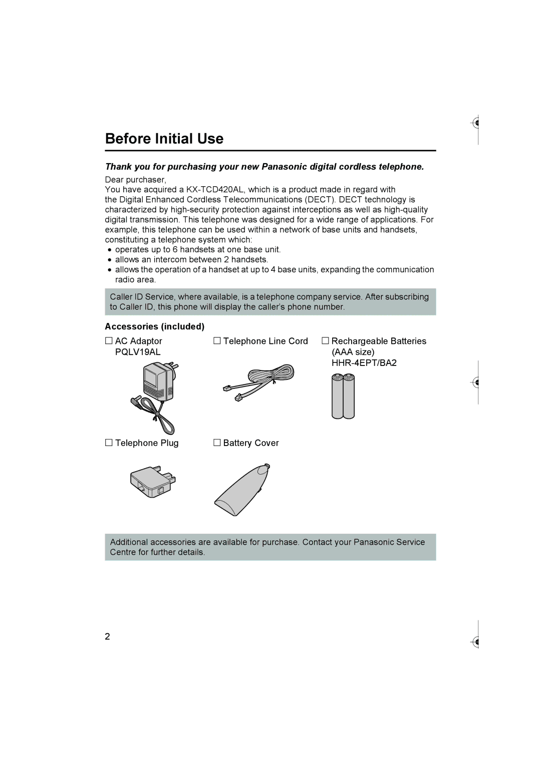 Panasonic KX-TCD420AL operating instructions Before Initial Use, Accessories included 