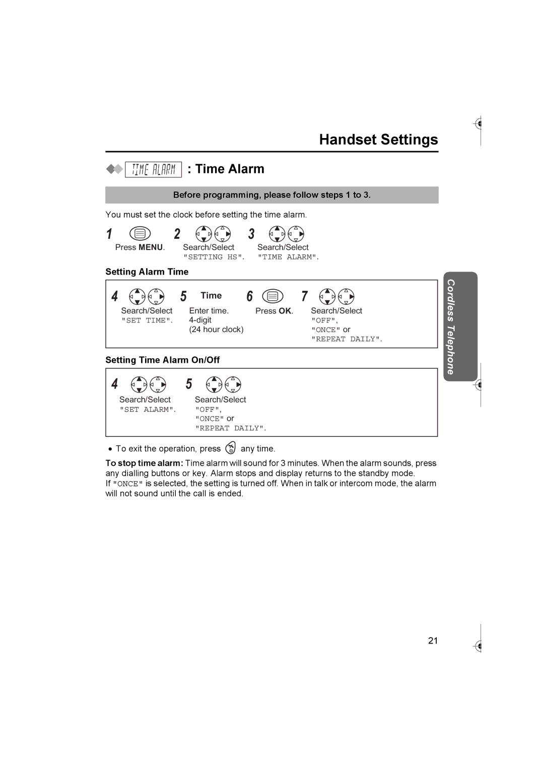 Panasonic KX-TCD420AL operating instructions Handset Settings, Time Alarm, Before programming, please follow steps 1 to 