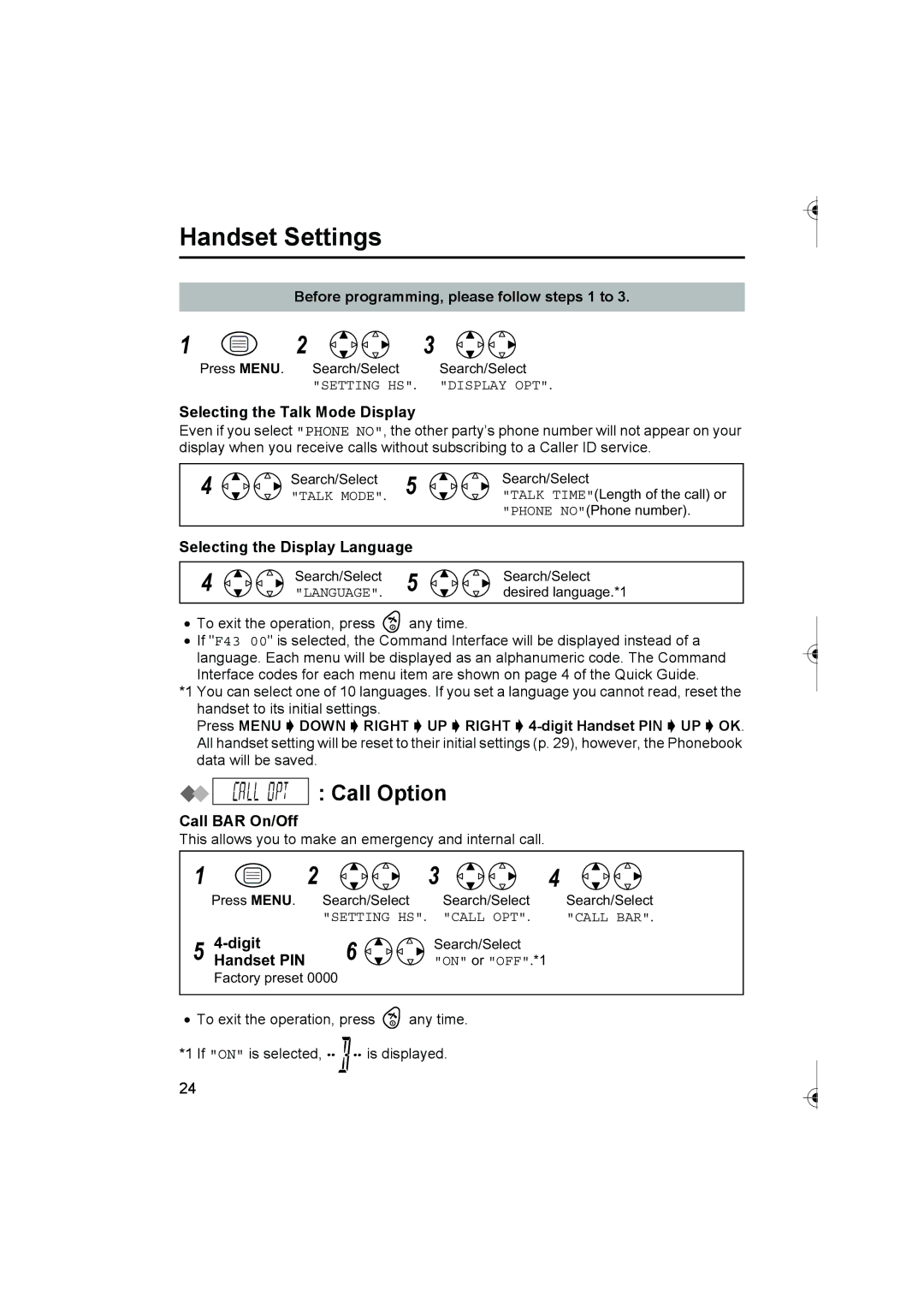 Panasonic KX-TCD420AL Call Option, Selecting the Talk Mode Display, Call BAR On/Off, Digit, Handset PIN 