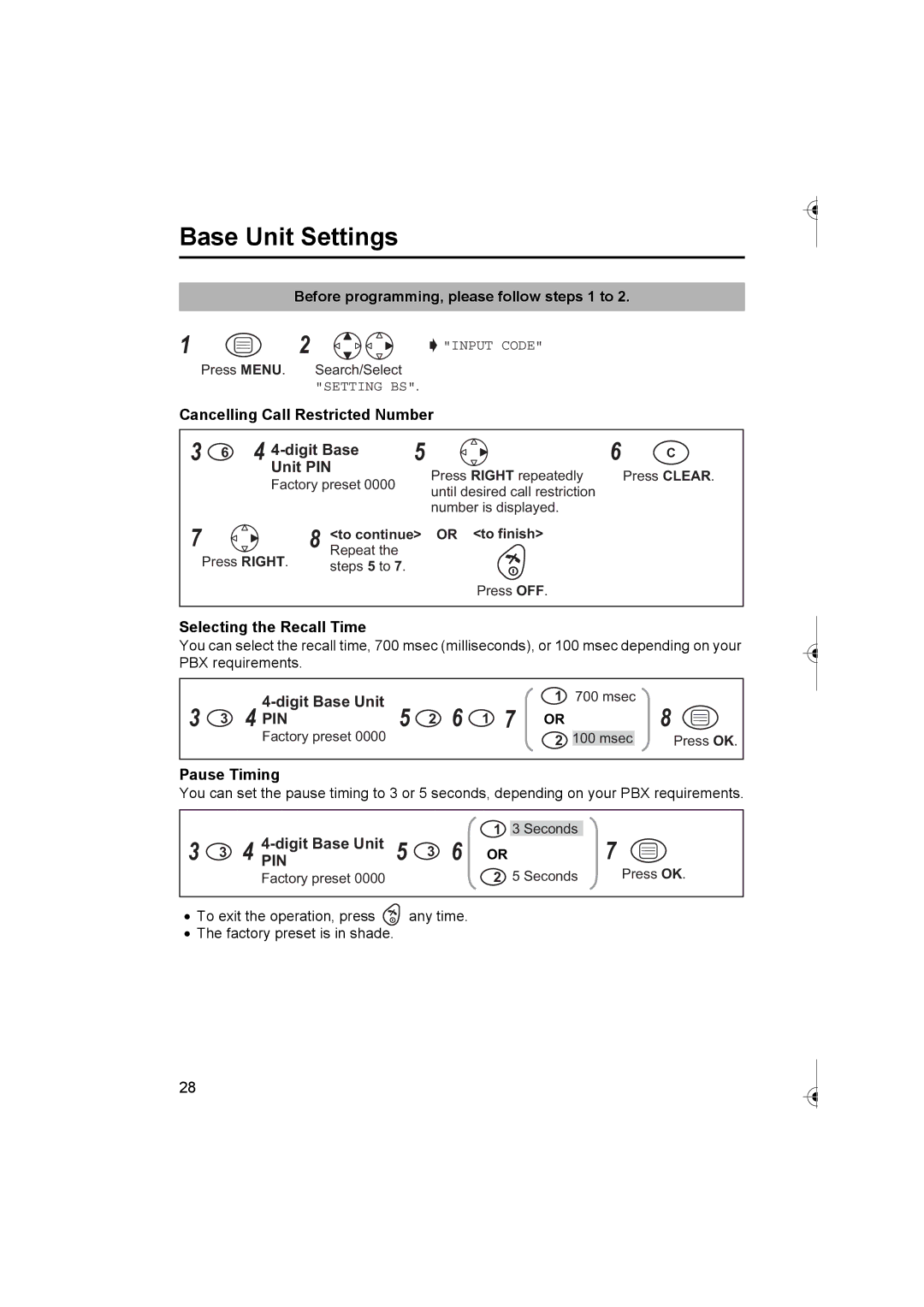 Panasonic KX-TCD420AL operating instructions Cancelling Call Restricted Number, Selecting the Recall Time, Pause Timing 