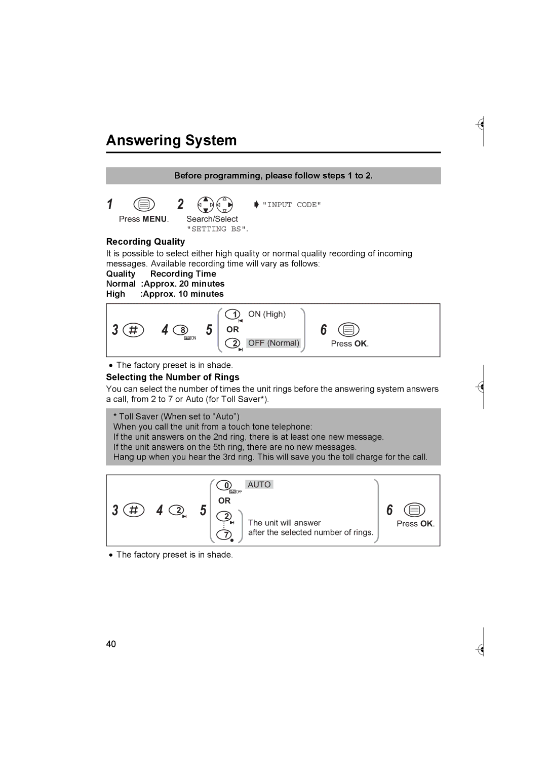 Panasonic KX-TCD420AL operating instructions Recording Quality, Selecting the Number of Rings 