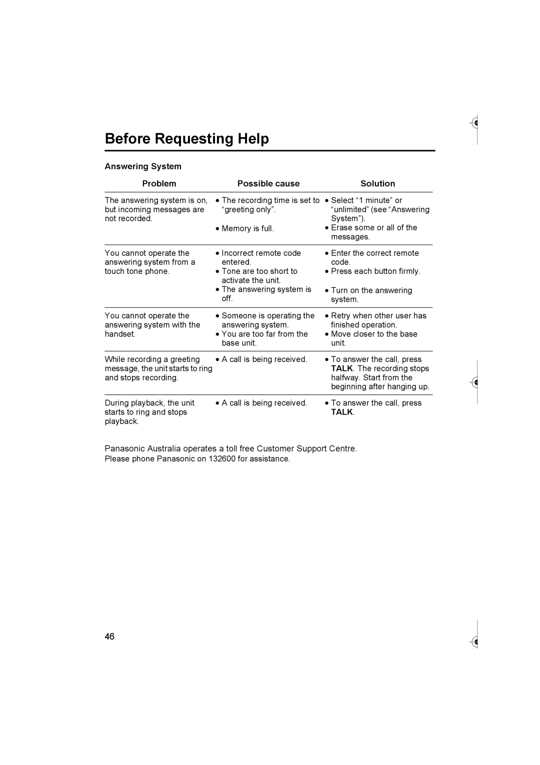 Panasonic KX-TCD420AL operating instructions Answering System Problem Possible cause Solution 