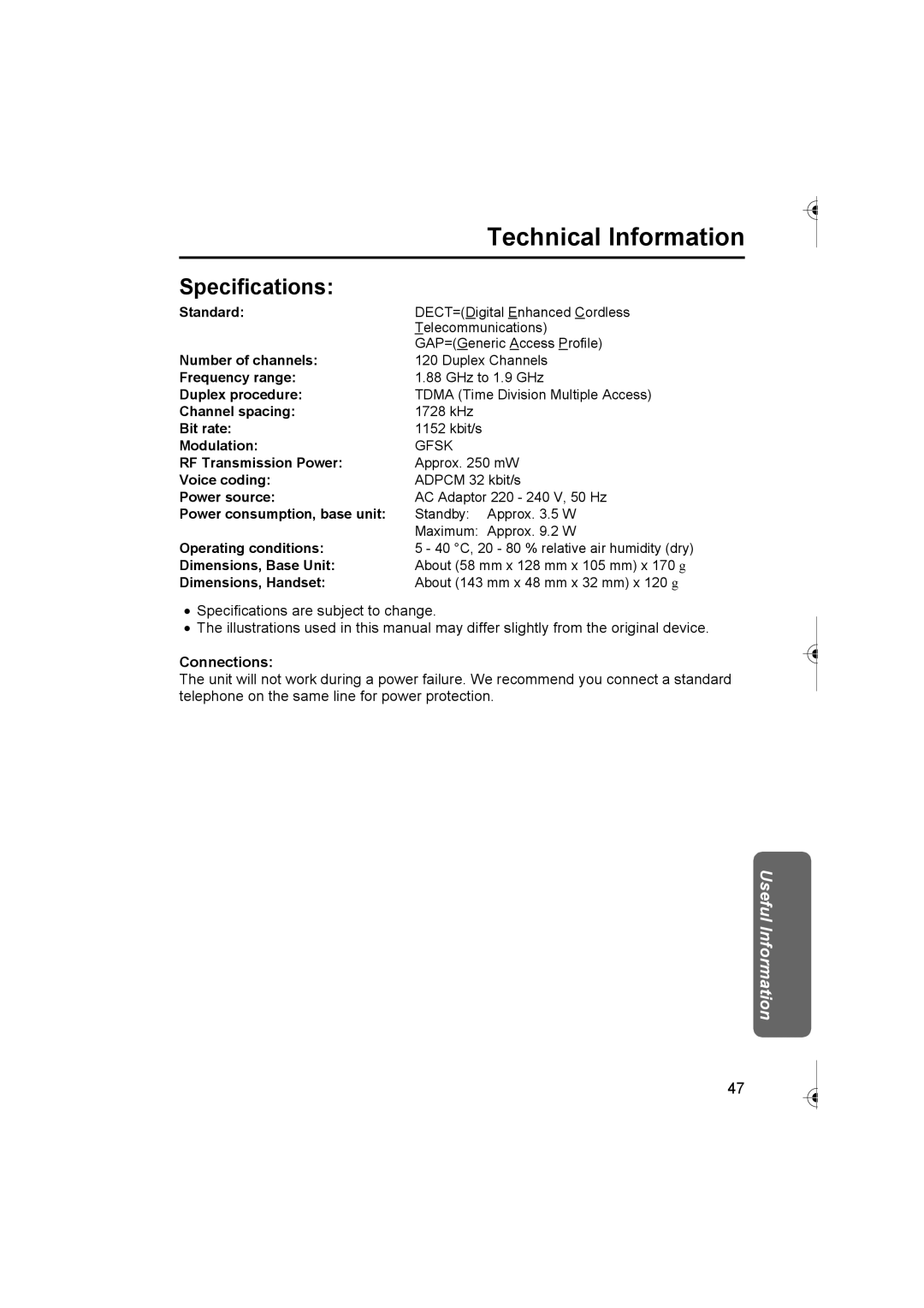 Panasonic KX-TCD420AL operating instructions Technical Information, Specifications, Connections 